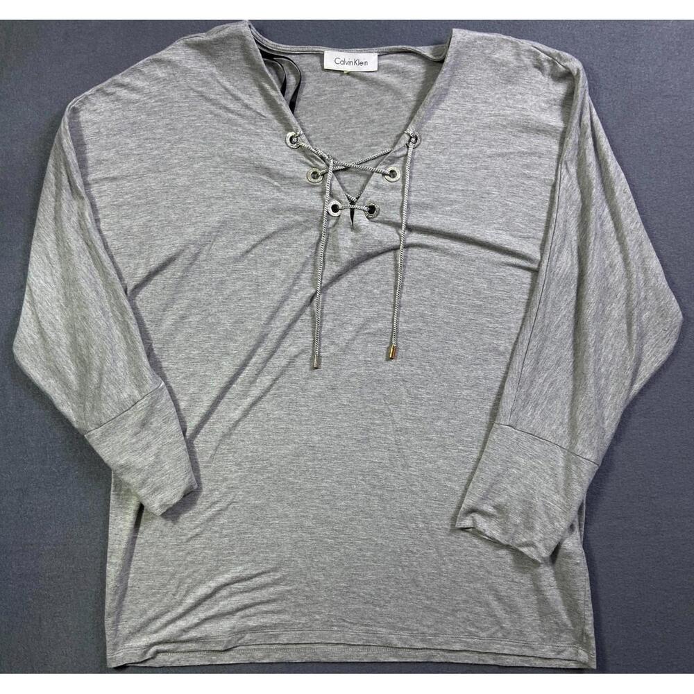 Calvin Klein Gray Lattice Neck Tassel 3/4 Sleeves Women’s Blouse Medium (no tag)